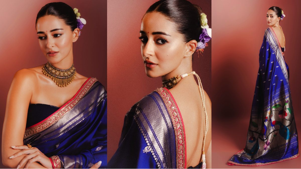 Ananya Panday Aces the 'Maharashtrian Mulgi' Look in a Royal Blue Manish Malhotra Banarasi Saree with a Modern Twist