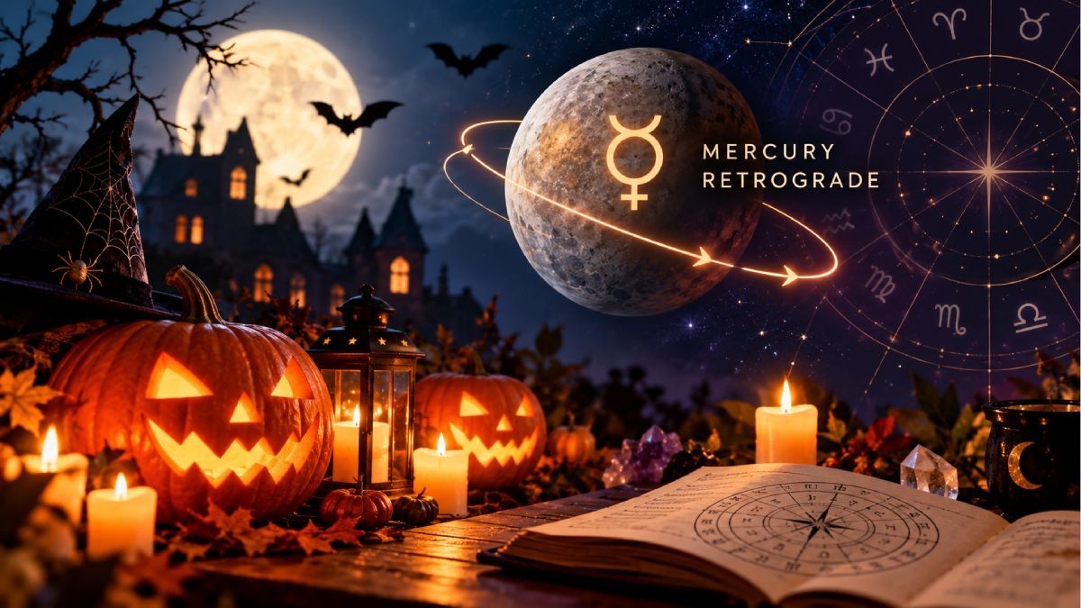 Halloween decorations with astrological symbols representing Mercury retrograde in Scorpio.