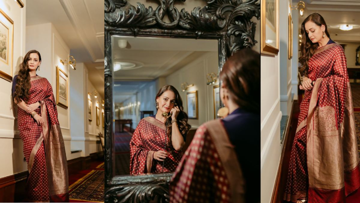 Dia Mirza Looks Breathtaking In Her Mom’s Rich Maroon Banarasi Saree